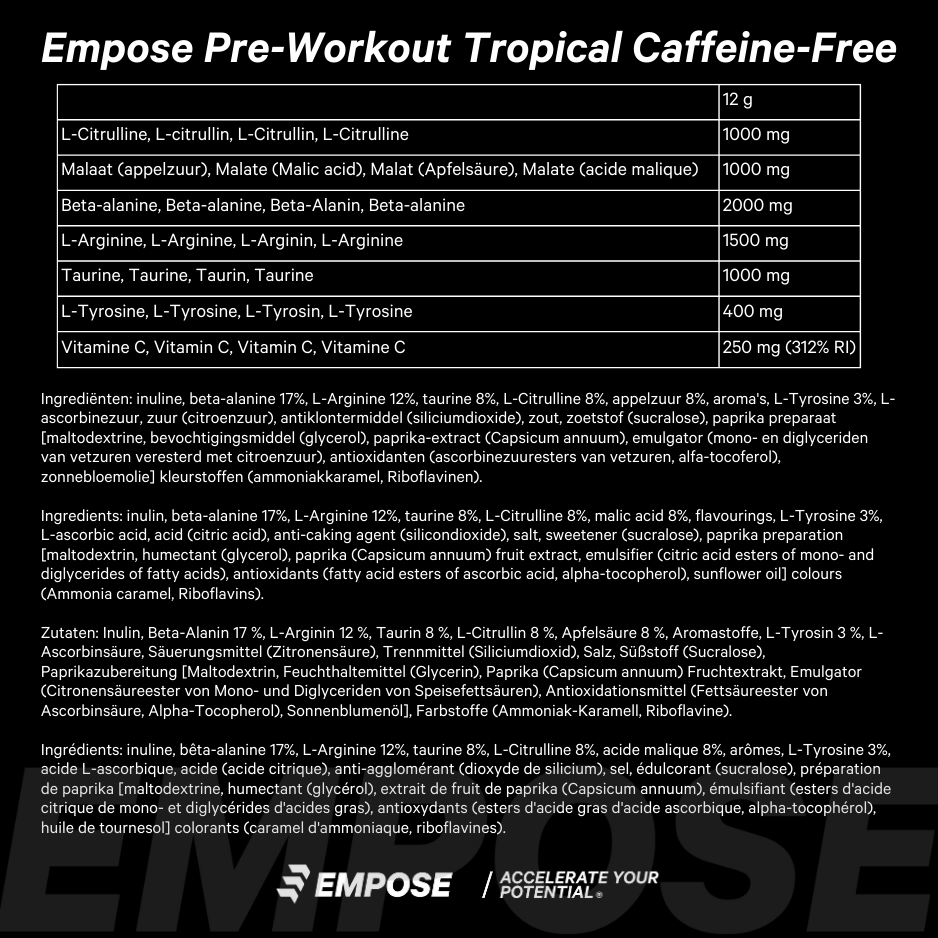 Empose Nutrition Pre-Workout Accelerate - Cafeine free - 360 gr - Tropical