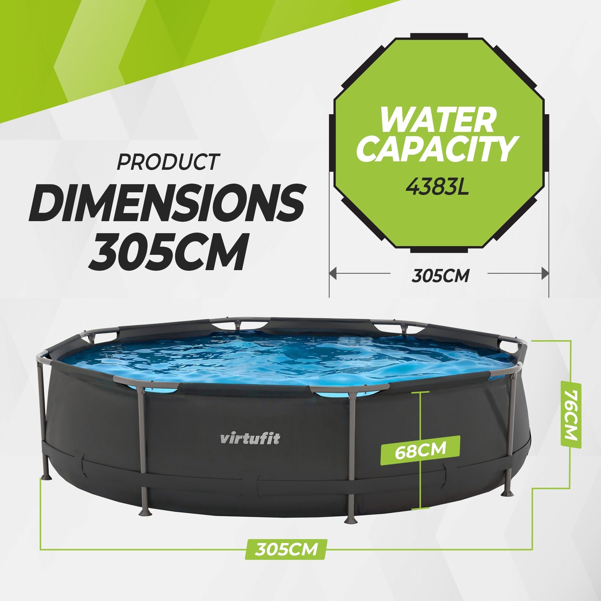 VirtuFit Round Pool - Ø305 x 76 cm - Anthracite - Including Filter Pump
