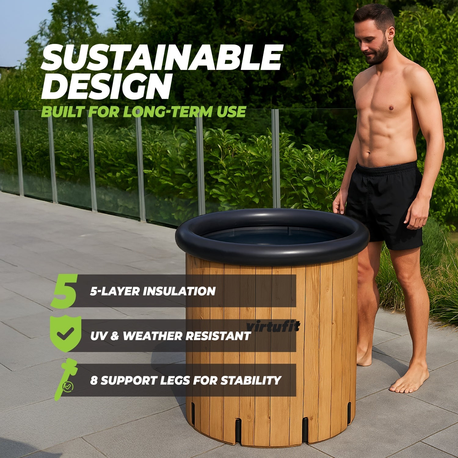 VirtuFit Ice Bath XXL - 375 Liter - Wood Look - Includes accessories