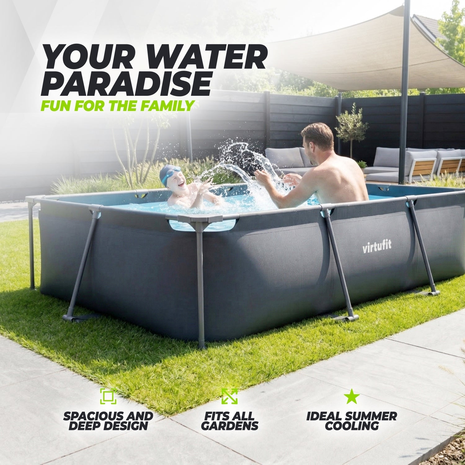 VirtuFit Rectangular Pool - 300 x 210 x 66 cm - Anthracite - Includes Filter Pump