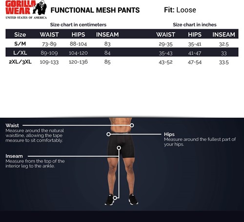 Gorilla Wear Functional Mesh Trainingsbroek - Zwart / Groen - Maattabel