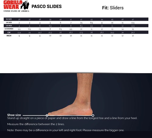 Gorilla Wear Pasco Badslippers - Size Chart