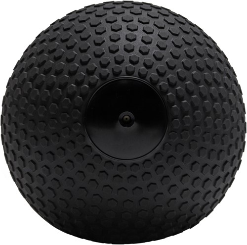 Achteraanzicht van de zwarte VirtuFit Slam Ball met duidelijke weergave van het ventiel en de rubberen honingraatstructuur.