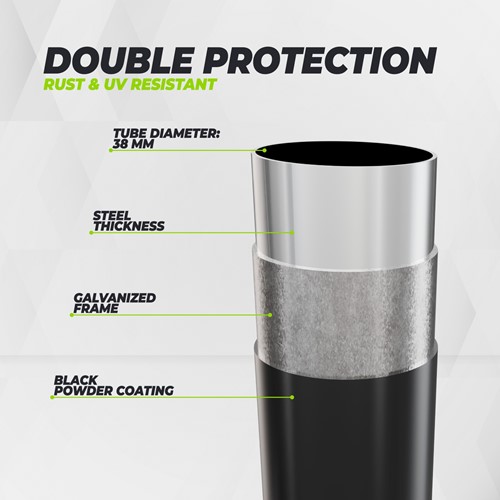 Infographic van de VirtuFit Premium Trampoline 305 cm met uitleg over de dubbele bescherming van het frame door galvanisatie en zwarte poedercoating.