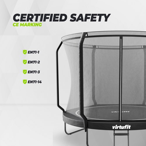 Overzicht van de gecertificeerde veiligheid en CE markering van de VirtuFit Premium Trampoline 305 cm inclusief het hoge kwaliteits veiligheidsnet.