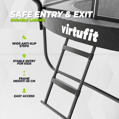 Detailopname van de stevige trampoline ladder van de VirtuFit Premium Trampoline 305 cm met brede anti slip treden en een framehoogte van 65 cm.