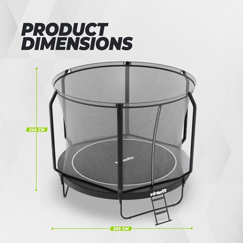 Infographic met de productafmetingen van de VirtuFit Premium Trampoline 305 cm met een totale hoogte van 245 cm en een diameter van 305 cm.
