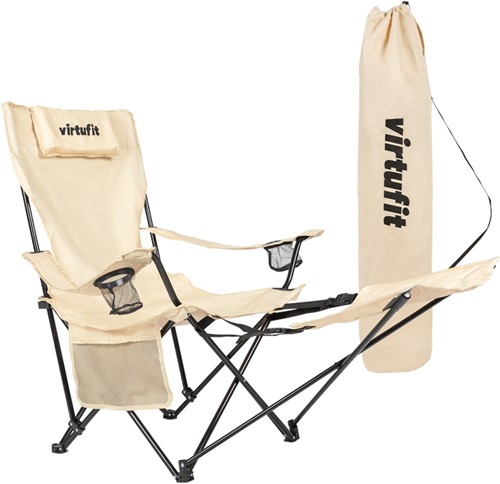 VirtuFit Opvouwbare Camping Stoel met Voetsteun - Strandstoel - Beige - Tweedekans