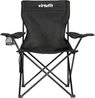 Recht vooraanzicht van de VirtuFit campingstoel zwart met comfortabele armleuningen en een stabiel onderstel.